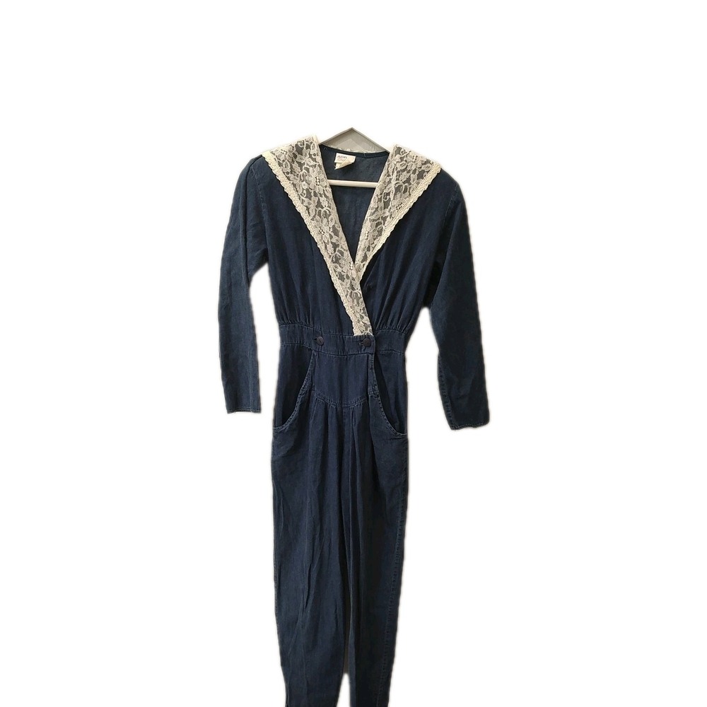 Vtg 1980s Avon Fashions Women's Denim Jumpsuit Sz 9/10 Made in USA Lace Collar